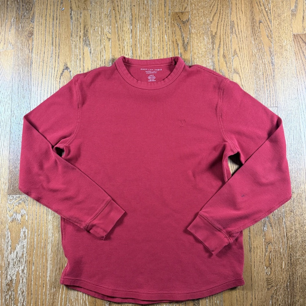 American Eagle Thermal‎ Shirt Mens Y2K Grunge Medium Red Waffle Knit Skater